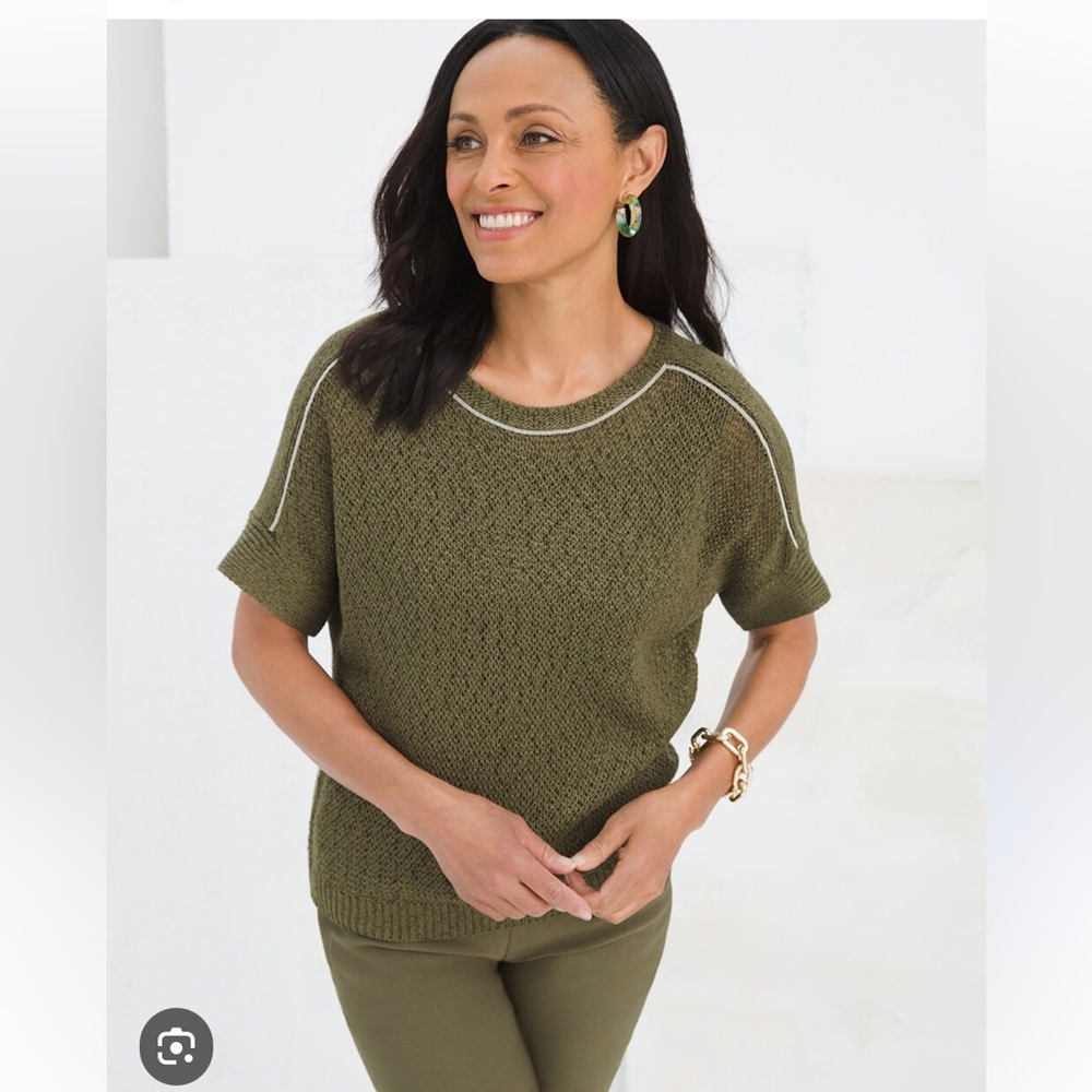 Chico’s Lux Mesh Short Sleeve Pullover with Beaded Trim in Olive NWT